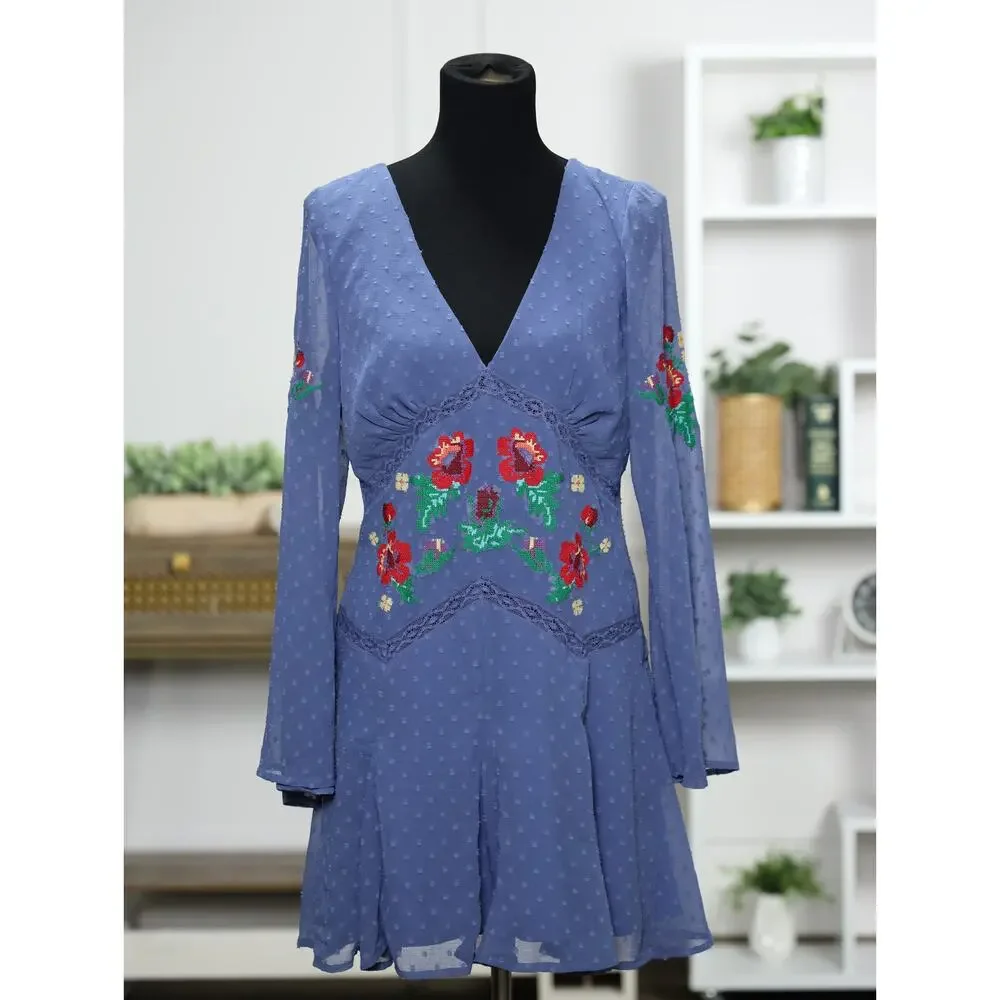 ASOS DESIGN Embroidered Floral Mini Dress 10 Blue Swiss Dot Cottagecore Boho NWT - Picture 4 of 14